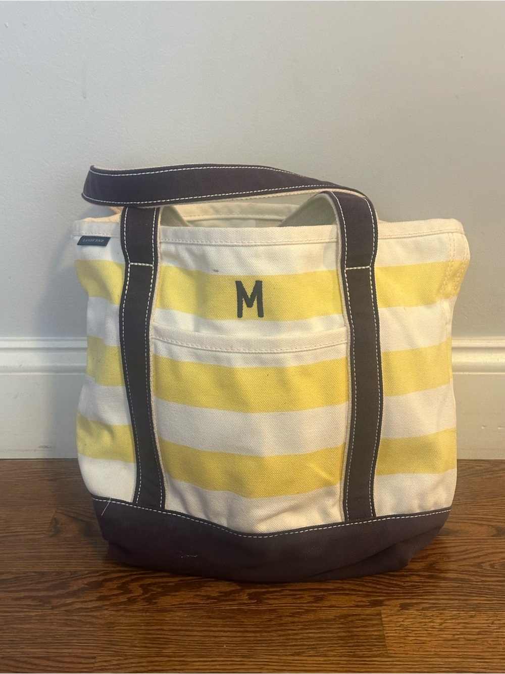 Lands End Striped Canvas Boat Tote with Yellow and White Stripes